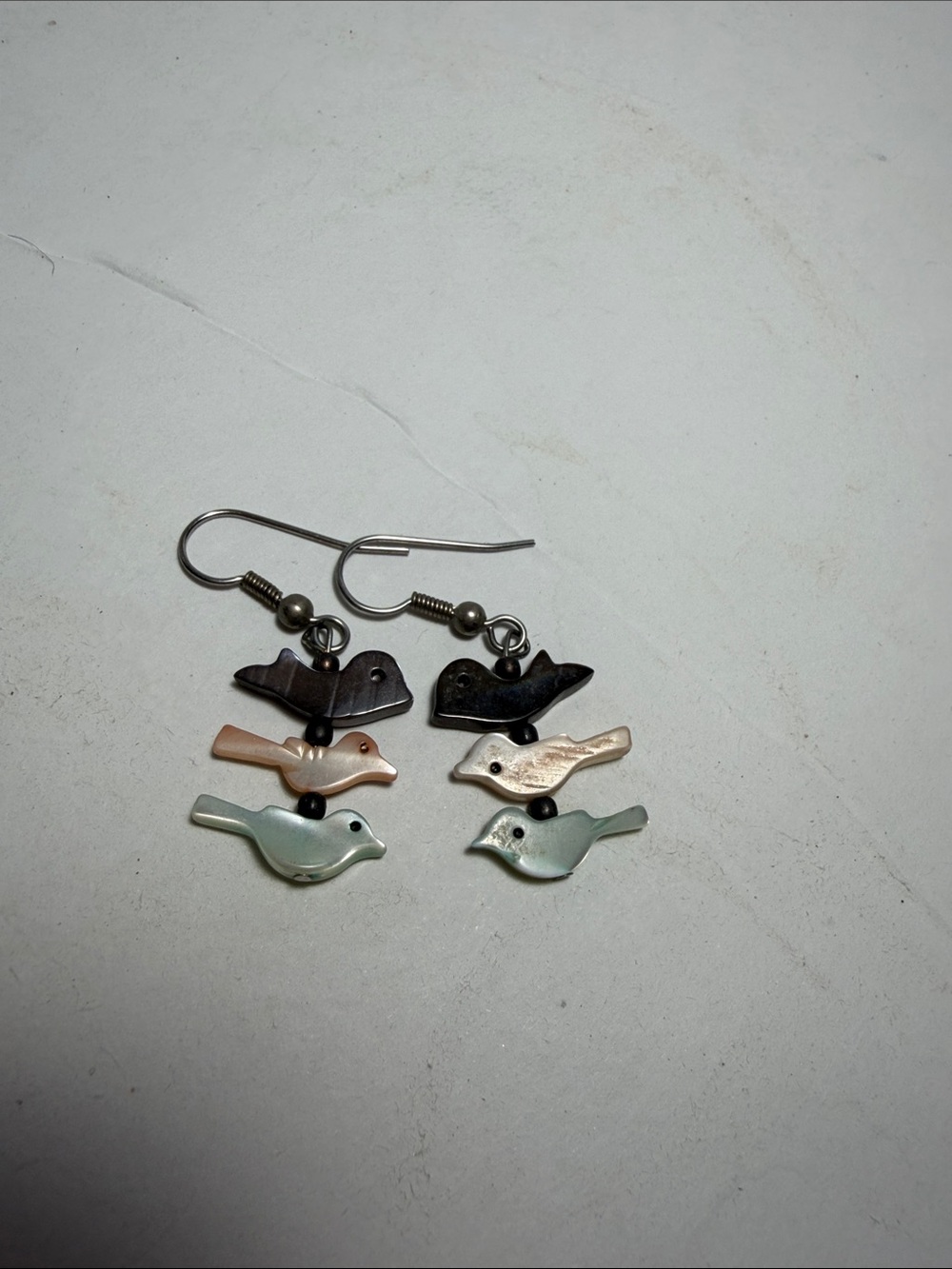 Handmade Bird Dangle mother of pearl Earrings in Brown, Pink & Green